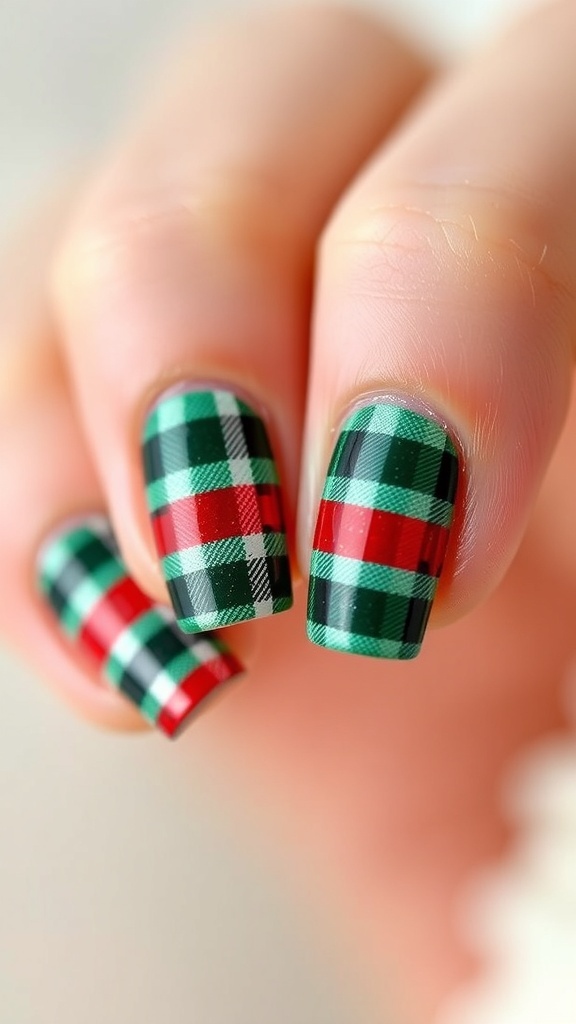Short nails with a red, green, and white plaid design for Christmas.